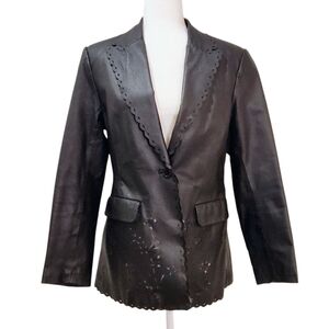 Vintage Newport News Styleworks Black‎ Leather Jacket Blazer w Laser Cut Details